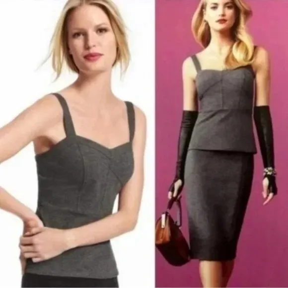 CAbi grey stretch peplum zippered top with midi length pencil skirt EUC size 6