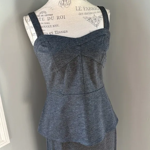 CAbi grey stretch peplum zippered top with midi length pencil skirt EUC size 6