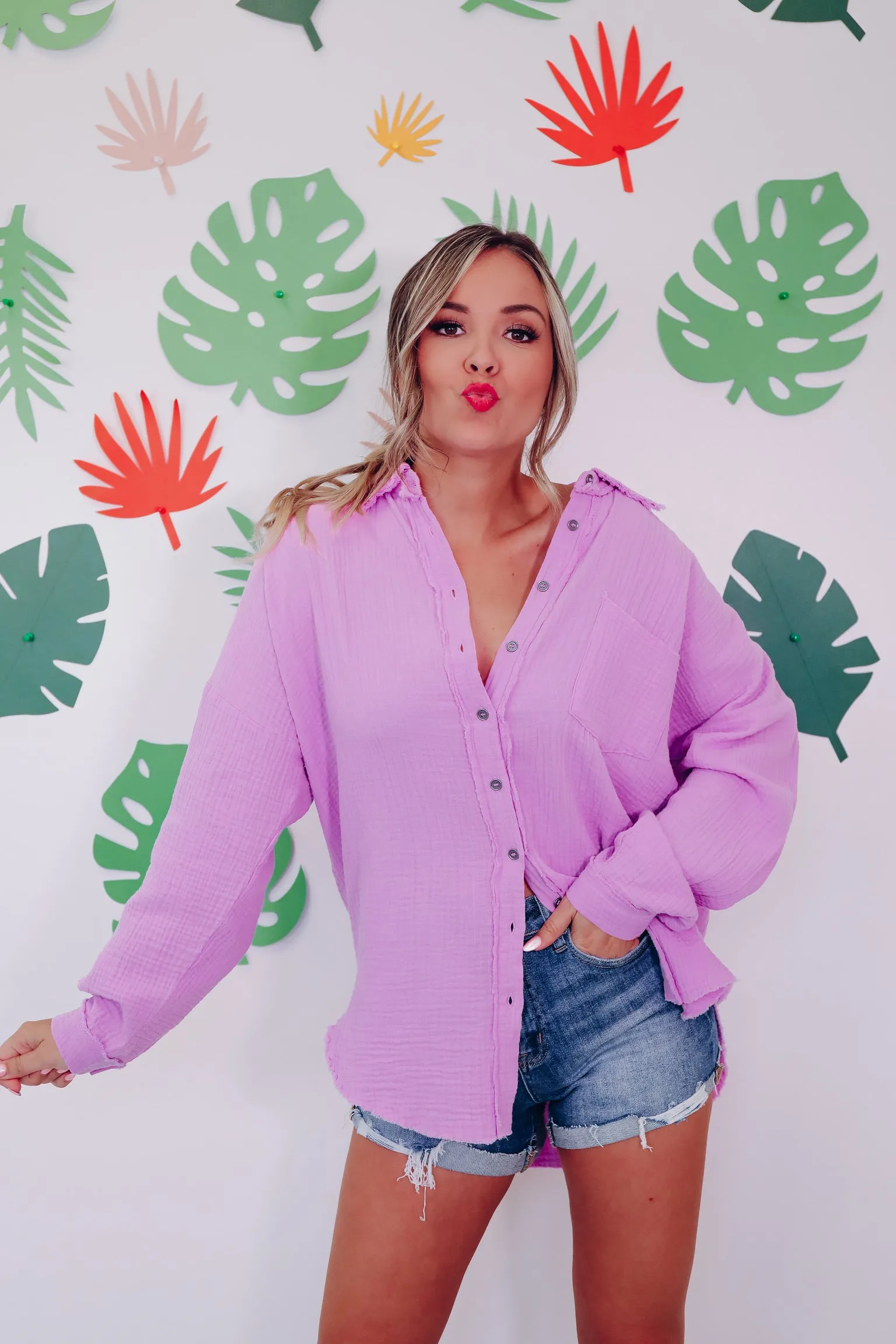 Captive Crinkle Cotton Shirt- Lavender