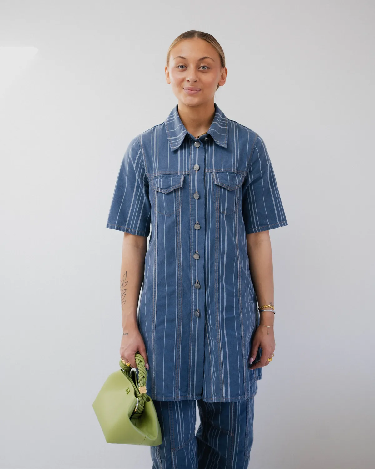 Caroline - Light Stripe Denim Mini Dress - Mid Blue Stone