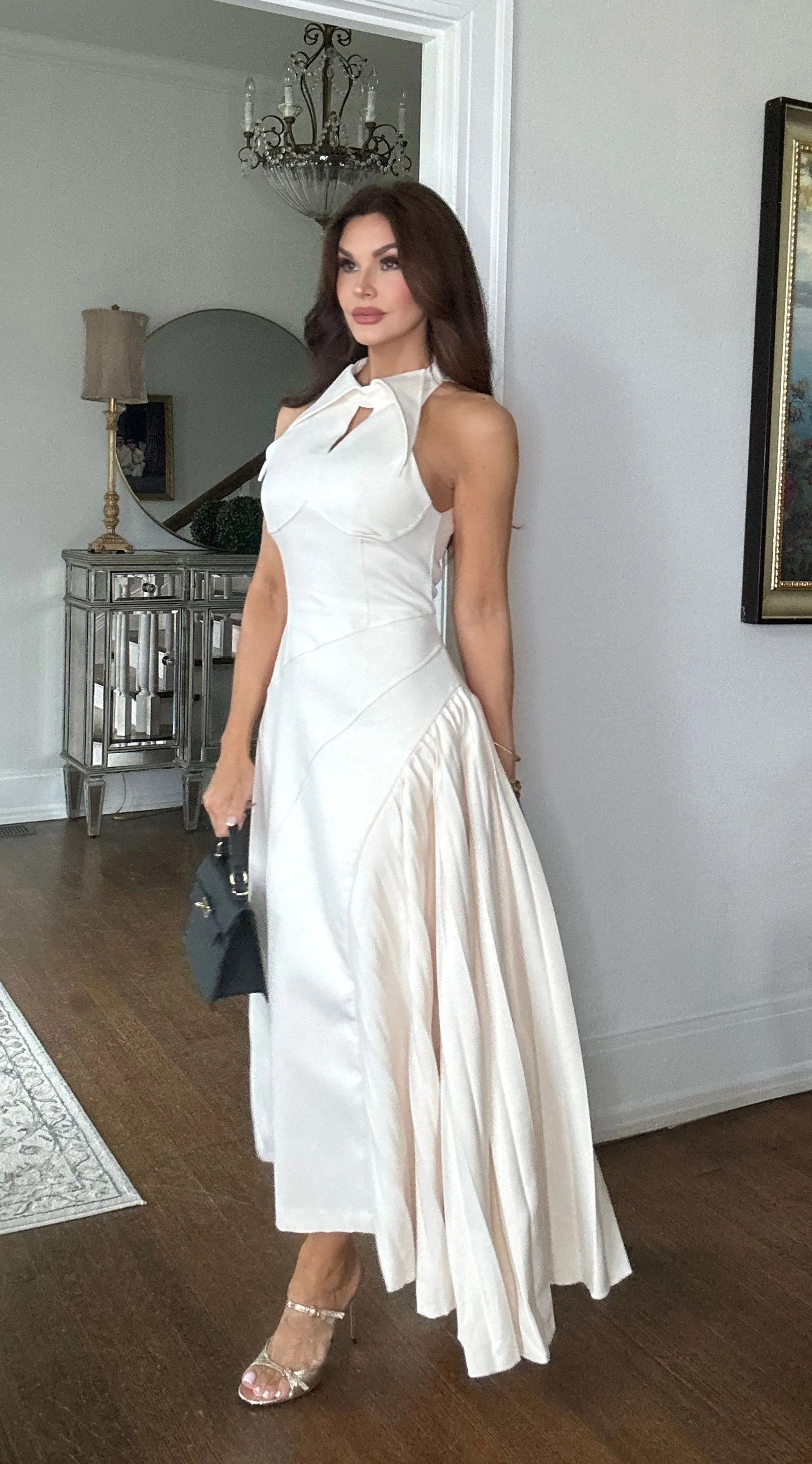 Catalina beige fit and flare pleated insert and point collar maxi