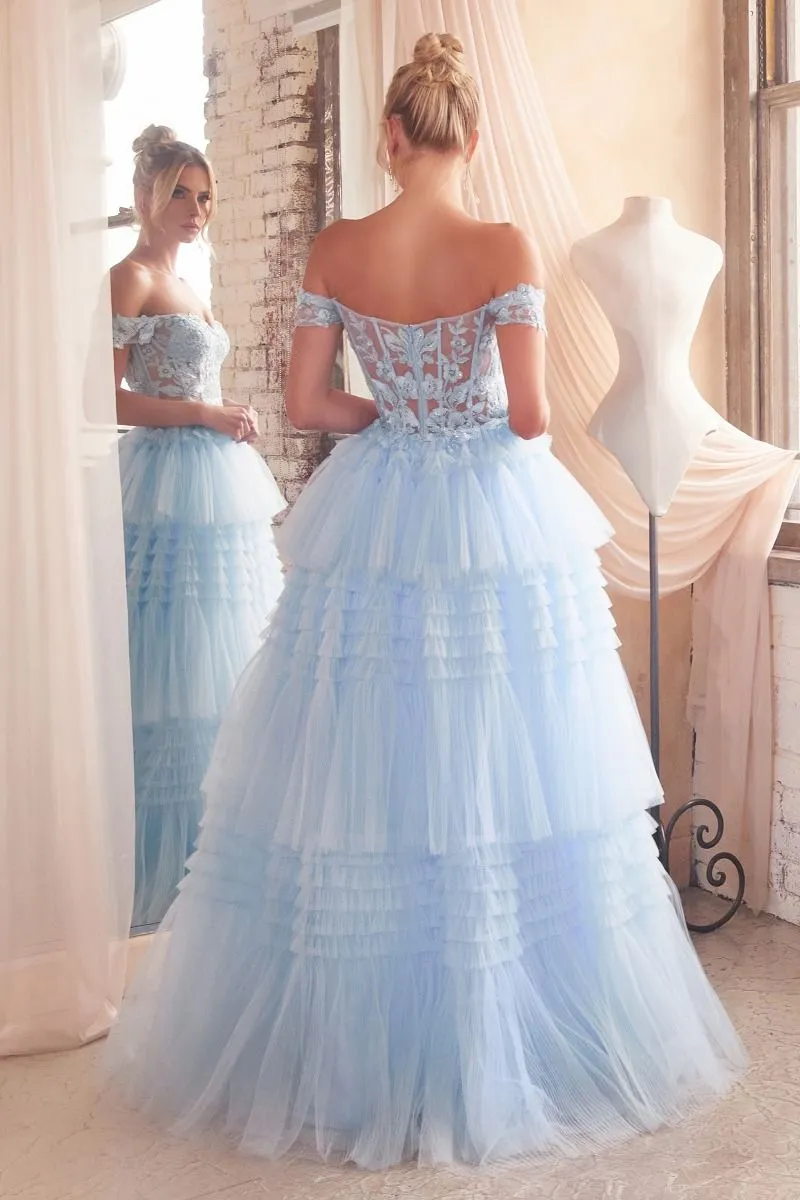 CD 9315 - Off the Shoulders A-Line Prom Gown with Sheer Corset Bodice & Layered Pleated Tulle Skirt