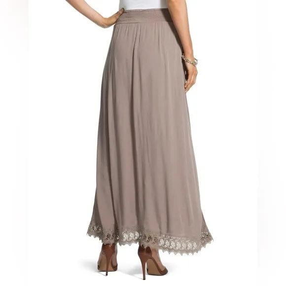 Chico's Crochet Lace Maxi Pull On Skirt Size 1 US M Taupe Boho Elegant Classic