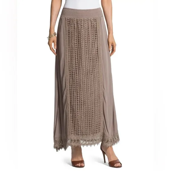 Chico's Crochet Lace Maxi Pull On Skirt Size 1 US M Taupe Boho Elegant Classic