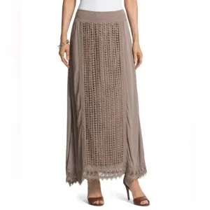 Chico's Crochet Lace Maxi Pull On Skirt Size 1 US M Taupe Boho Elegant Classic