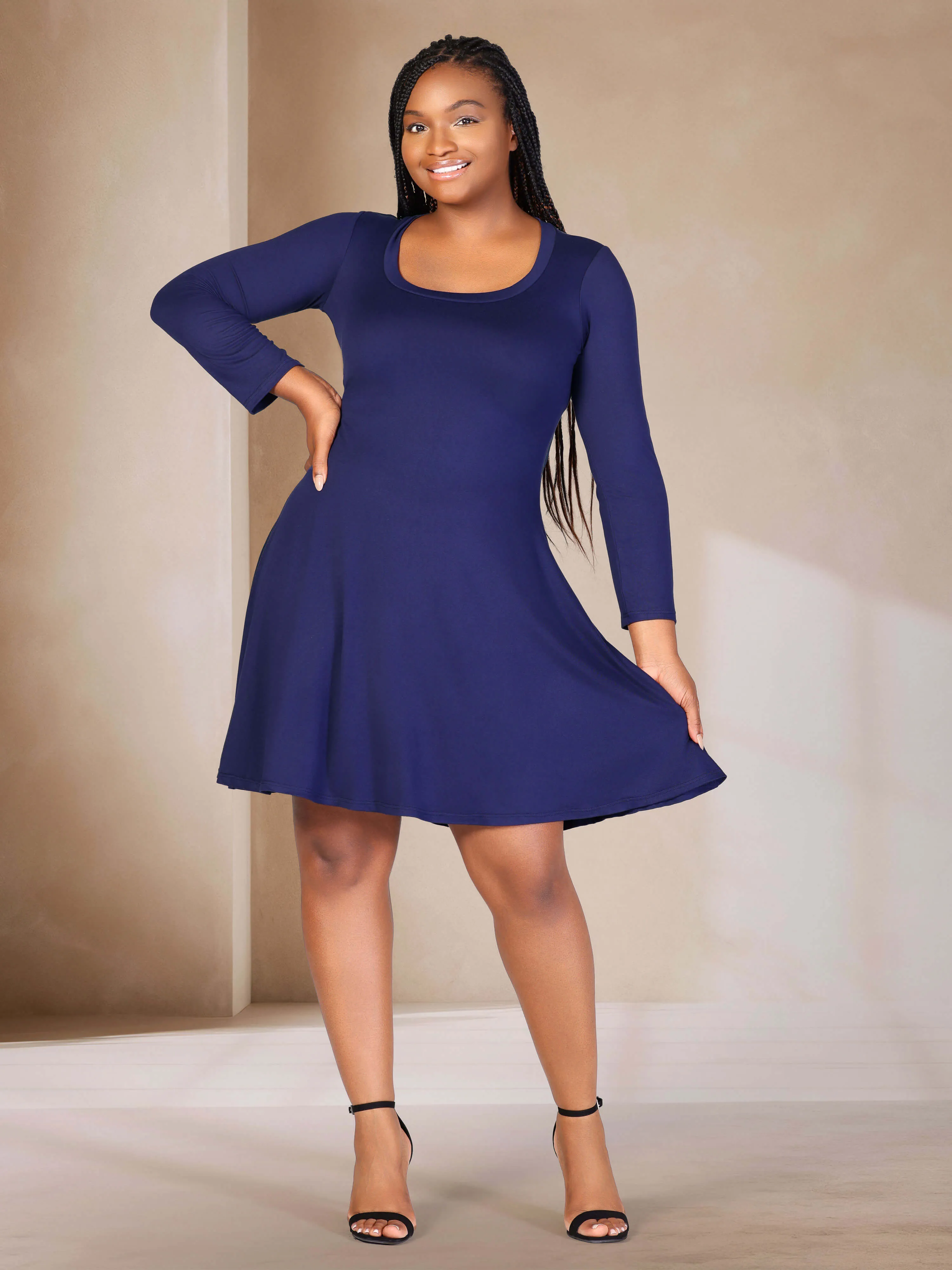 Classic Long Sleeve Plus Size Flared Mini Dress