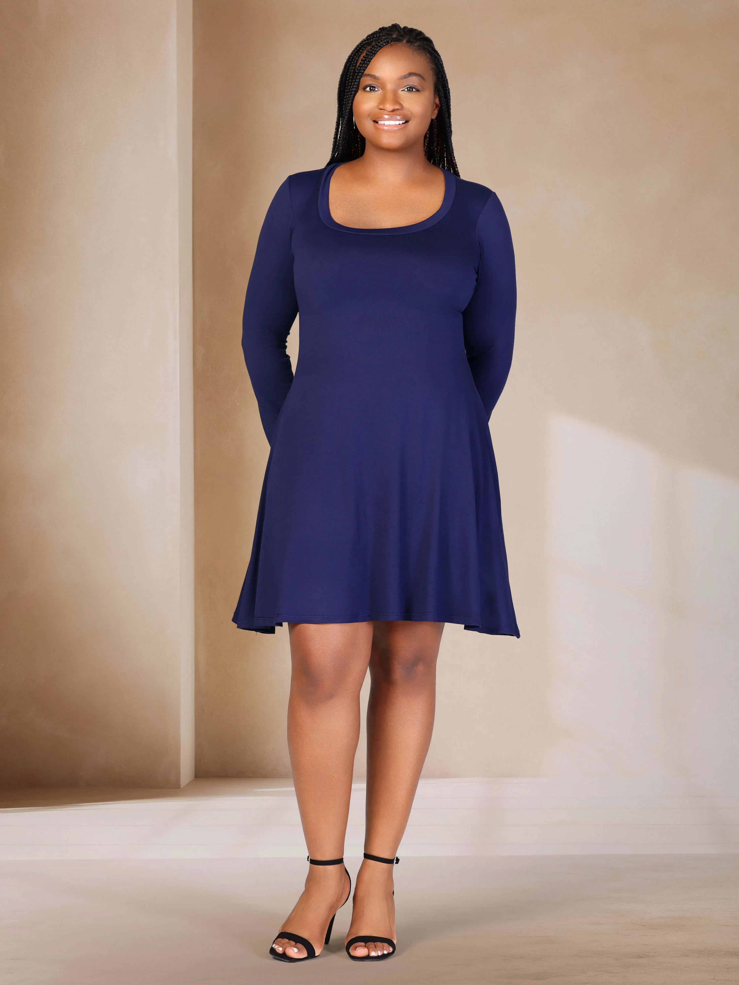 Classic Long Sleeve Plus Size Flared Mini Dress