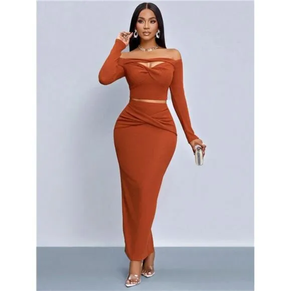 Clothing Brick Red One-Shoulder Hollow Twist Long-Sleeved Top Twist Long Skirt