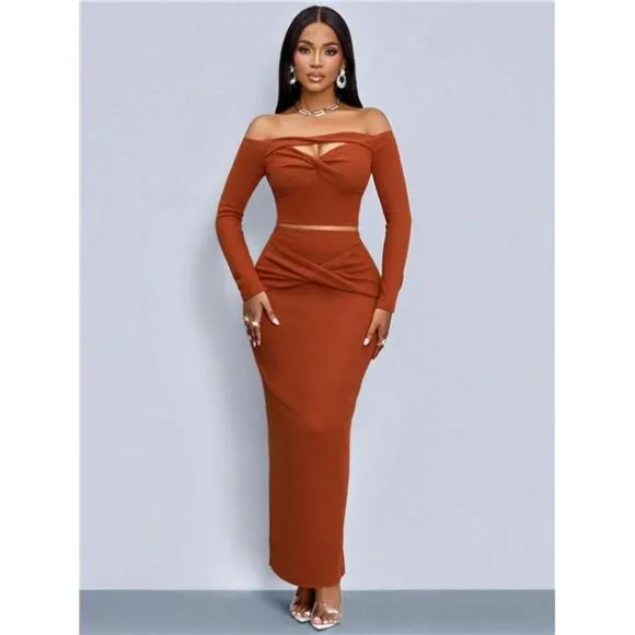 Clothing Brick Red One-Shoulder Hollow Twist Long-Sleeved Top Twist Long Skirt