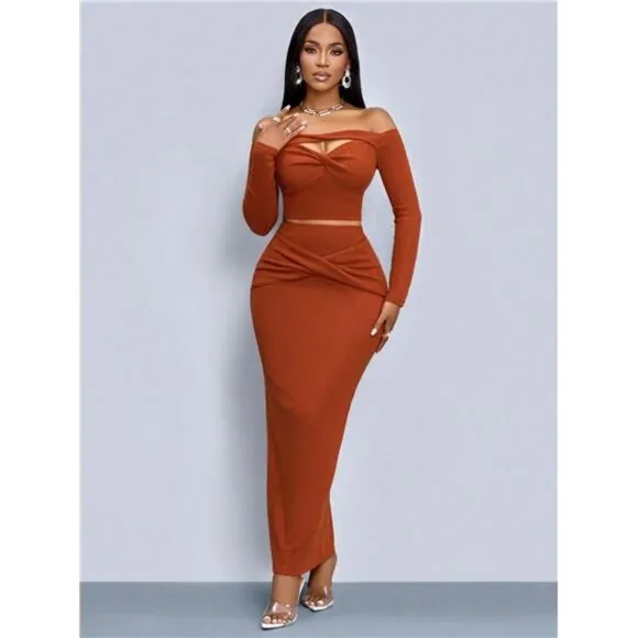 Clothing Brick Red One-Shoulder Hollow Twist Long-Sleeved Top Twist Long Skirt