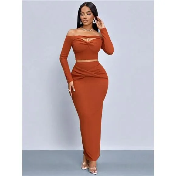 Clothing Brick Red One-Shoulder Hollow Twist Long-Sleeved Top Twist Long Skirt