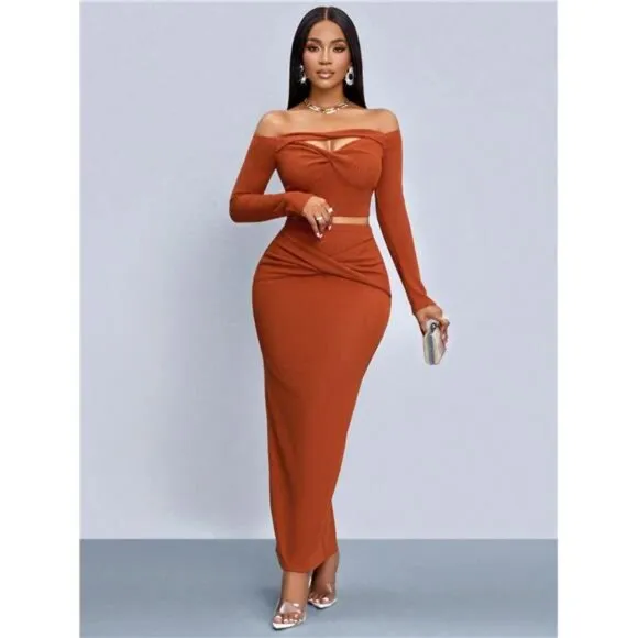 Clothing Brick Red One-Shoulder Hollow Twist Long-Sleeved Top Twist Long Skirt