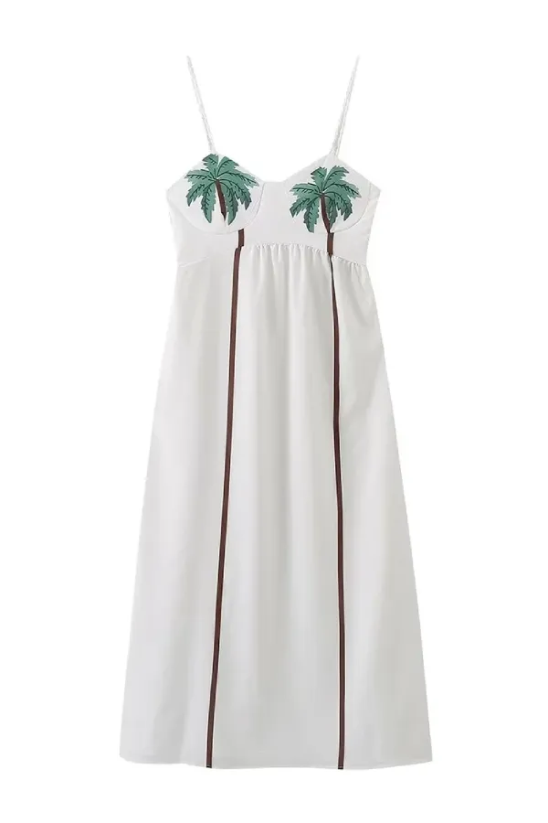 Coconut Tree Pattern Pleated Tank Top A-Line Maxi Dress