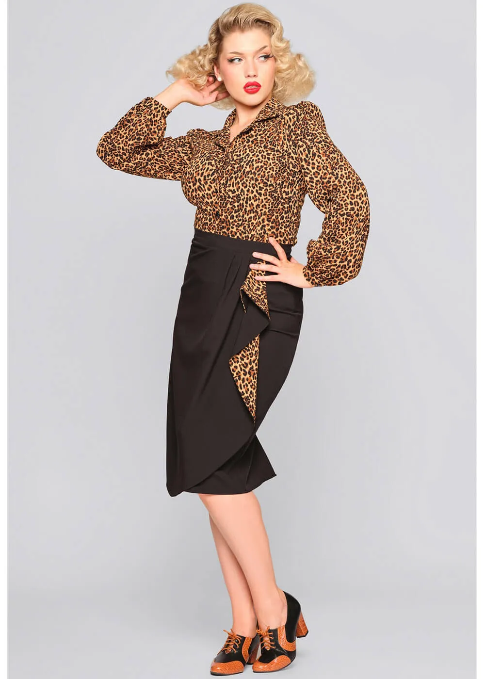 Collectif Anita Leopard Waterfall 50's Pencil Skirt Black