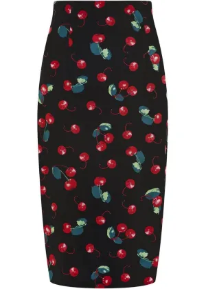 Collectif Fiona 50's Cherry Pencil Skirt Black Red Multi