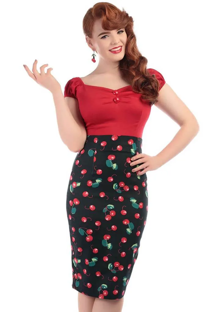 Collectif Fiona 50's Cherry Pencil Skirt Black Red Multi