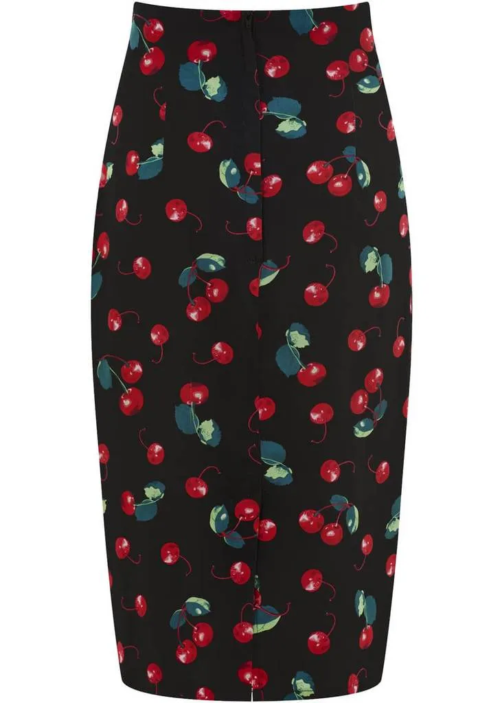 Collectif Fiona 50's Cherry Pencil Skirt Black Red Multi