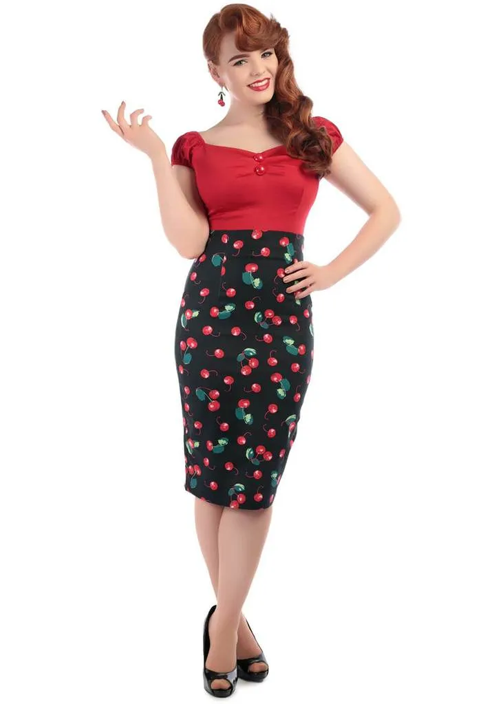 Collectif Fiona 50's Cherry Pencil Skirt Black Red Multi