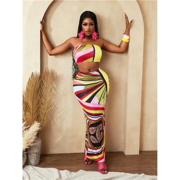 Colorful Striped &amp; Paisley Print Skirt With Suspender Sexy Vibrant 2Pcs Set