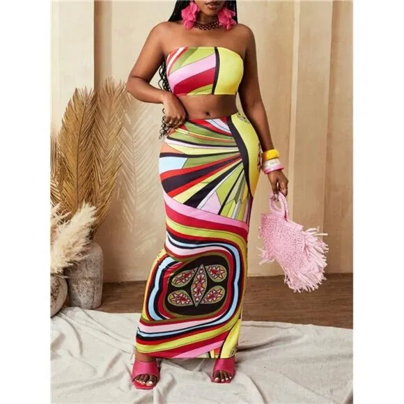 Colorful Striped &amp; Paisley Print Skirt With Suspender Sexy Vibrant 2Pcs Set