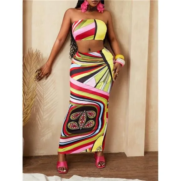 Colorful Striped &amp; Paisley Print Skirt With Suspender Sexy Vibrant 2Pcs Set