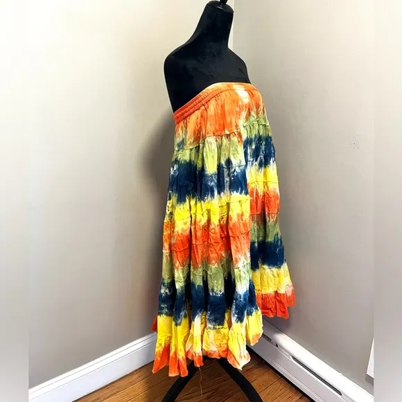 Colorful Tiered Cotton Tie-Dye Maxi Skirt sz Large