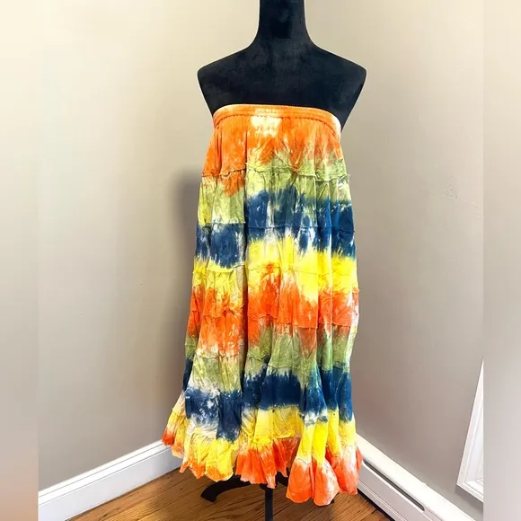 Colorful Tiered Cotton Tie-Dye Maxi Skirt sz Large