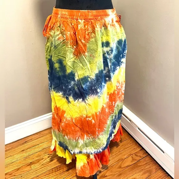 Colorful Tiered Cotton Tie-Dye Maxi Skirt sz Large