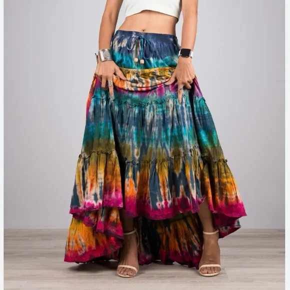 Colorful Tiered Cotton Tie-Dye Maxi Skirt sz Large