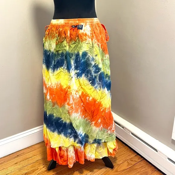 Colorful Tiered Cotton Tie-Dye Maxi Skirt sz Large