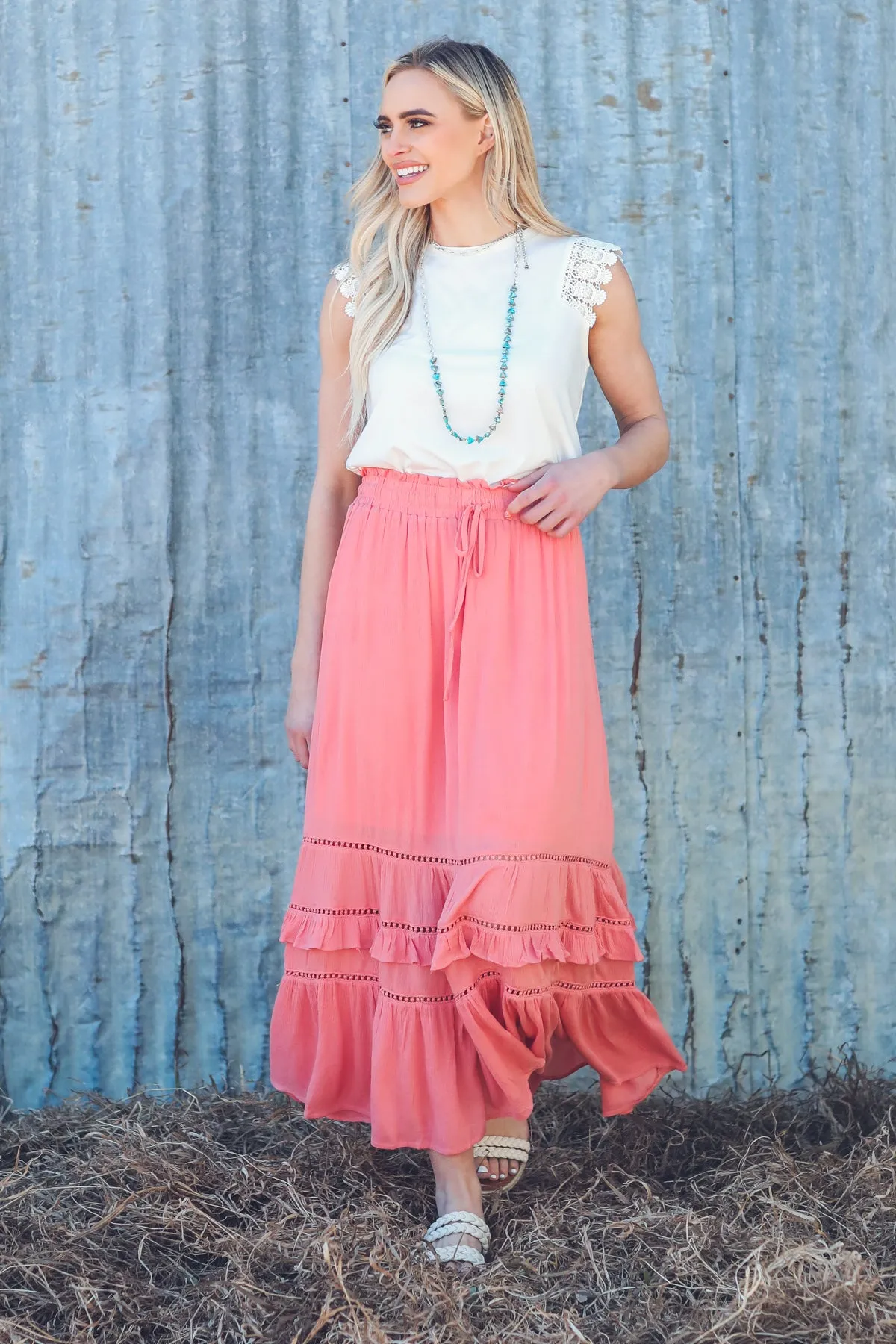 Coral Lace Inset Maxi Skirt