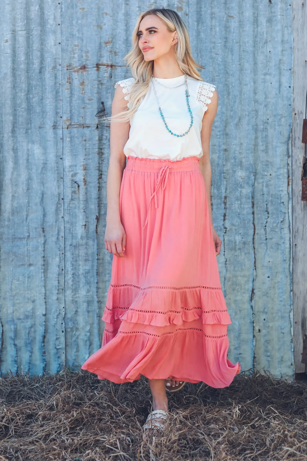 Coral Lace Inset Maxi Skirt