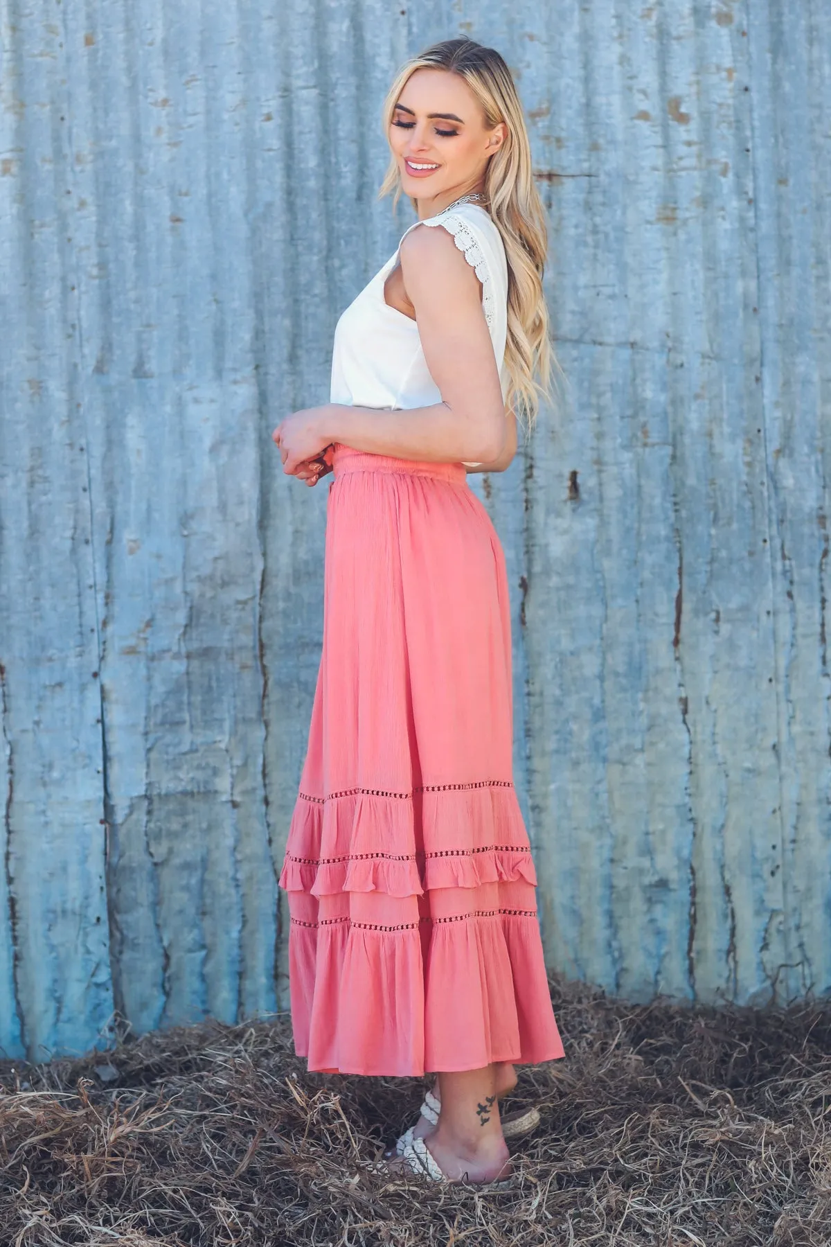 Coral Lace Inset Maxi Skirt