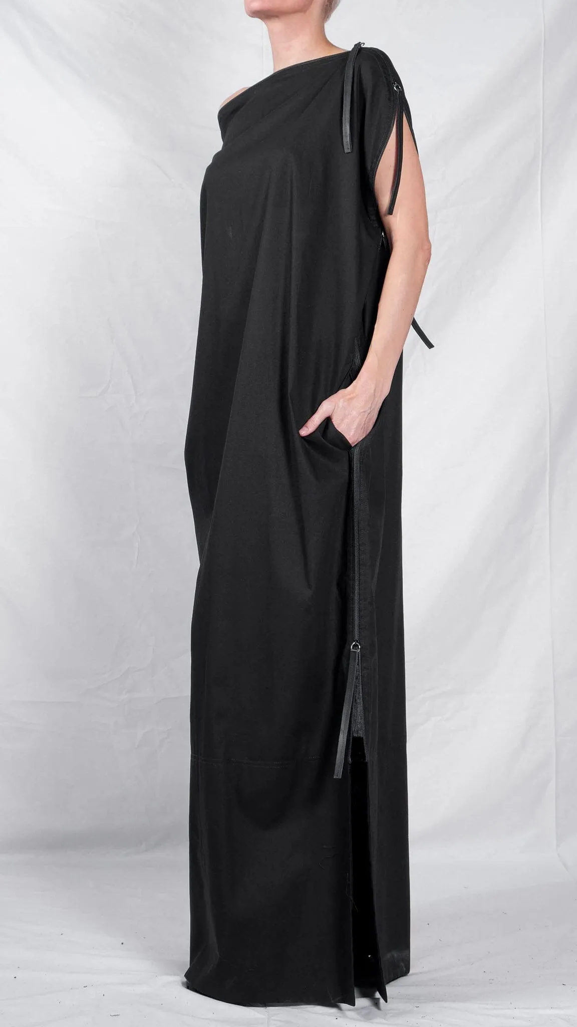 Cotton Maxi Dress with Multiple Zippers