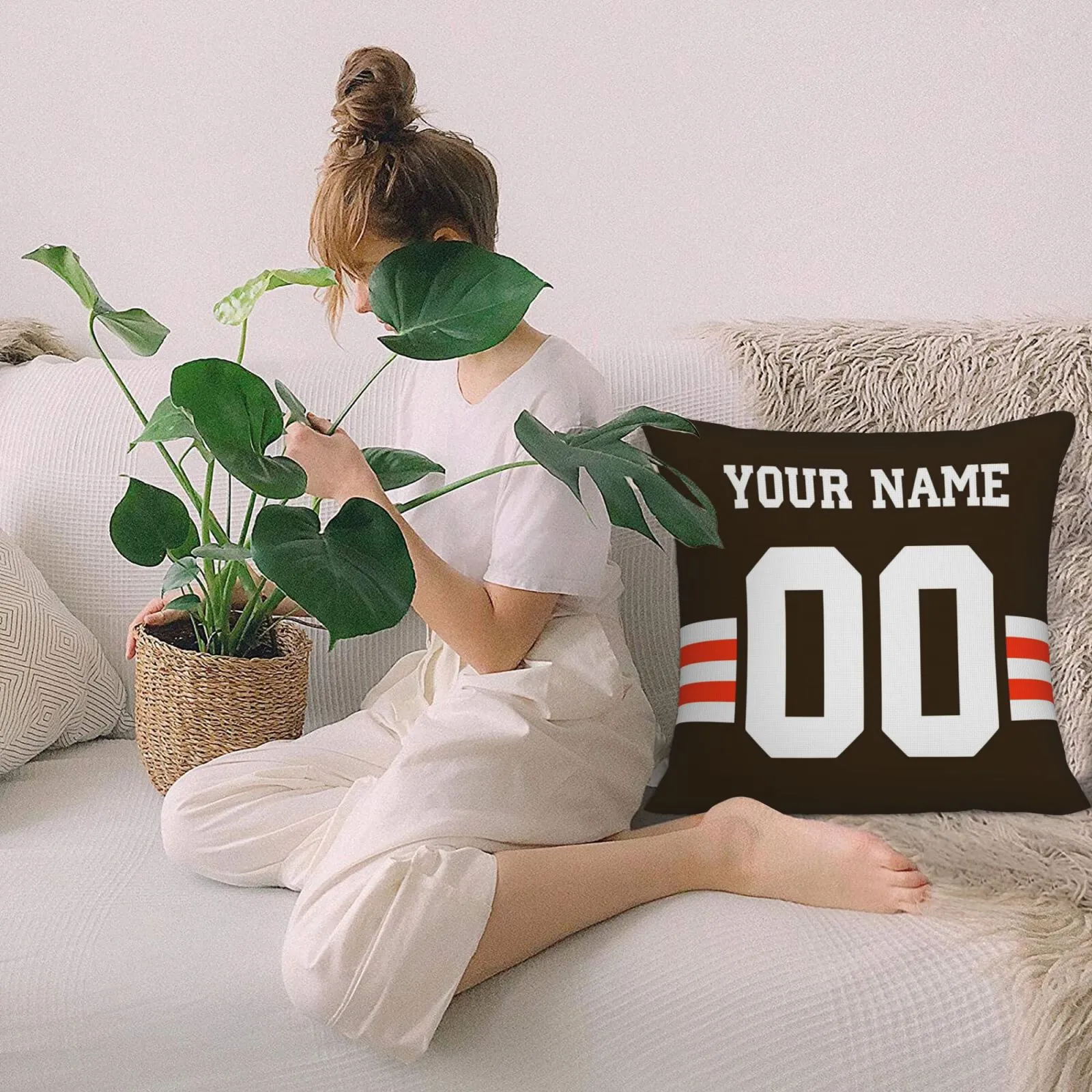 Customized Cleveland Browns Football Team Decorative Throw Pillow Case Print Personalized Football Style Fans Letters & Number Brown Pillowcase Birthday Gift