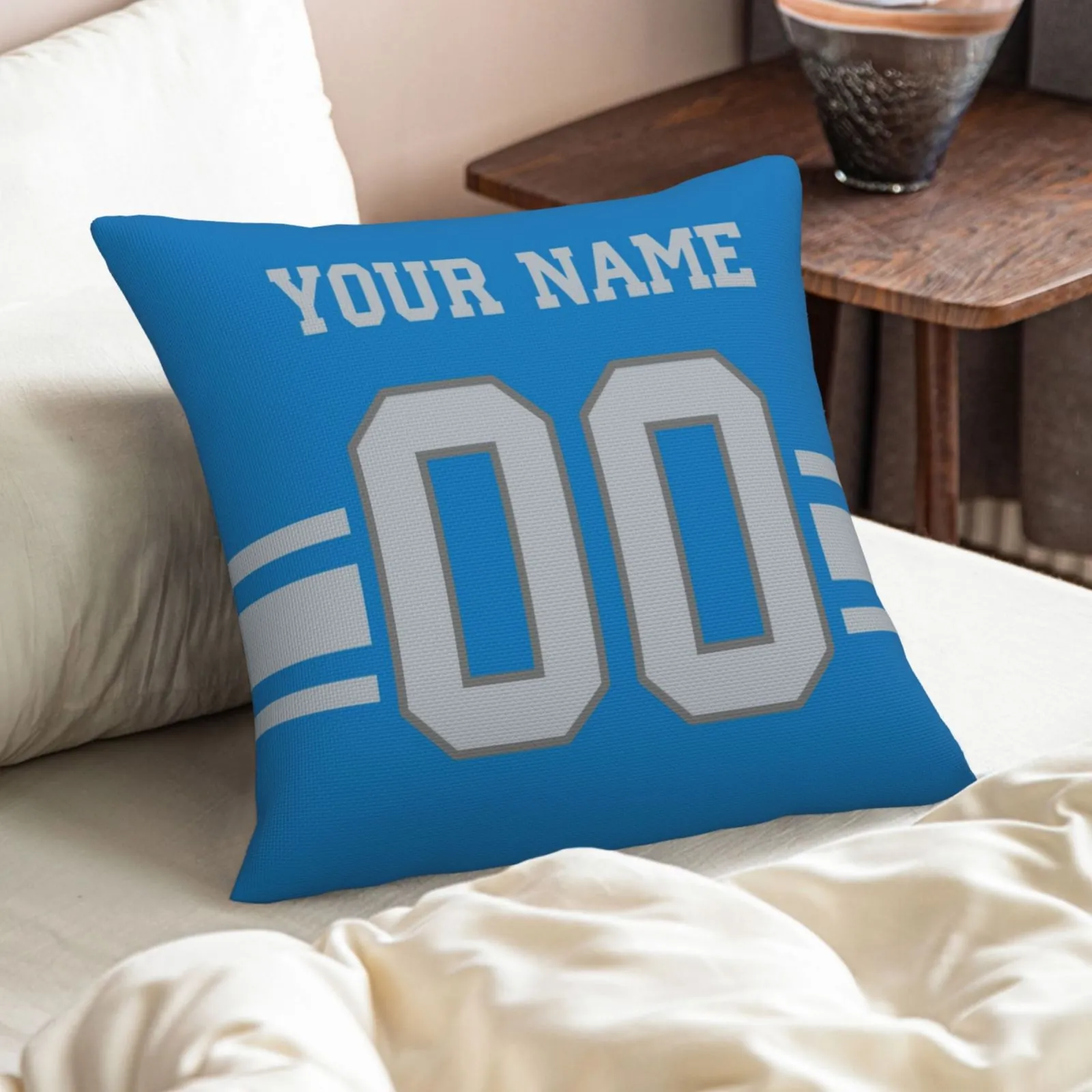 Customized Detroit Lions Football Team Decorative Throw Pillow Case Print Personalized Football Style Fans Letters & Number Blue Pillowcase Birthday Gift