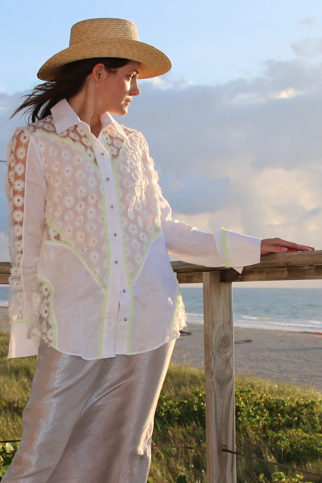 Daisy Lace Paneled Button Down