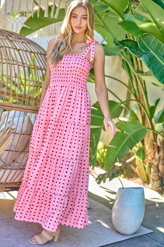 Davi & Dani Printed Smocked Ruffle Maxi Dress