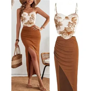 Drawing Pattern Printed Camisole Bodycon Top &amp; High Waist Design Skirts