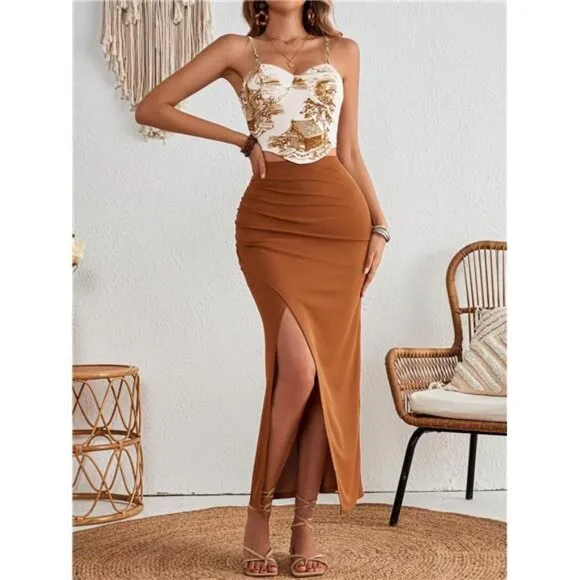 Drawing Pattern Printed Camisole Bodycon Top &amp; High Waist Design Skirts