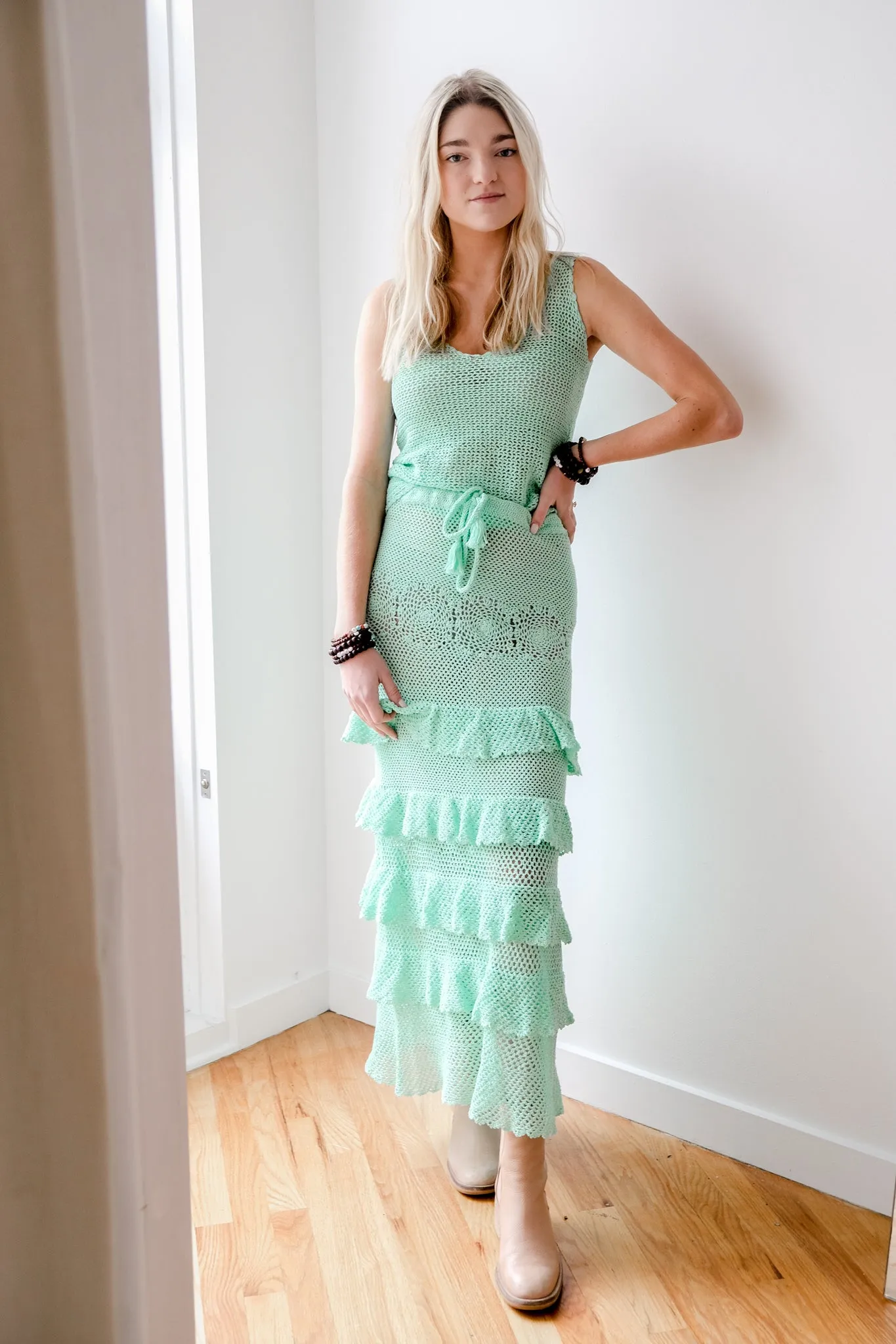 Drop Waist Maxi Skirt in Turquoise with Drawstring