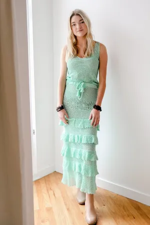 Drop Waist Maxi Skirt in Turquoise with Drawstring