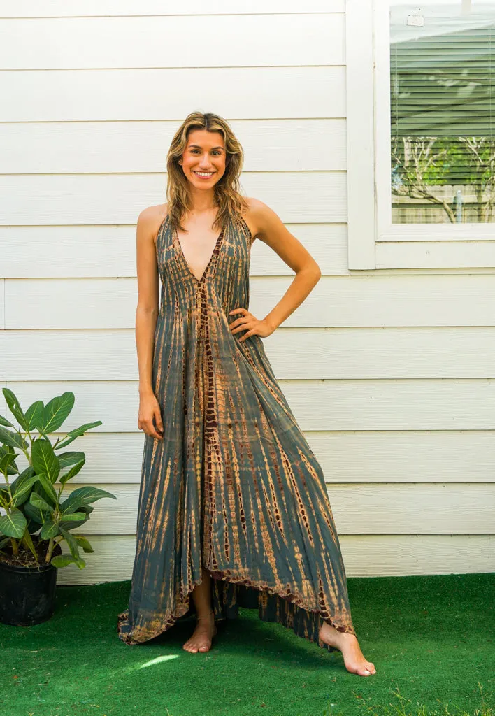 Earthy Forest Green Tie Dye Maxi Dress