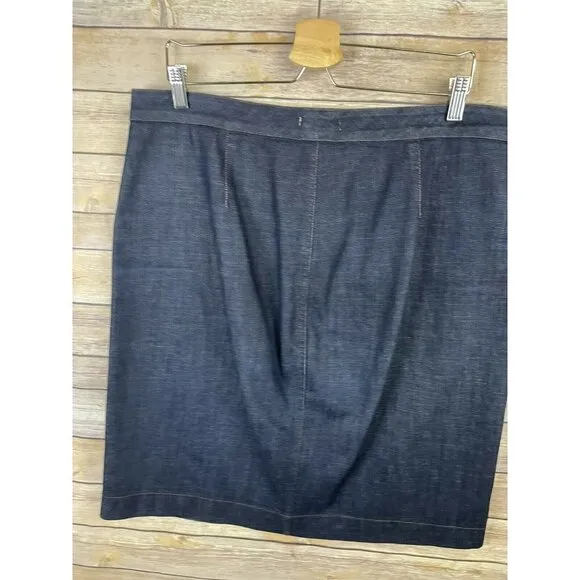 EILEEN FISHER Large Denim Pencil Jean Skirt Stretch Dark Blue Front Slit Organic