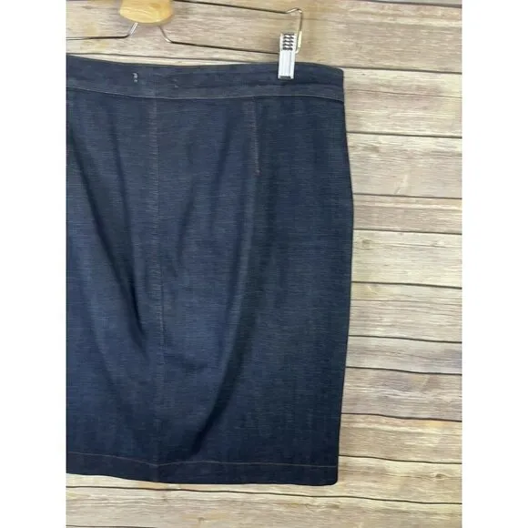 EILEEN FISHER Large Denim Pencil Jean Skirt Stretch Dark Blue Front Slit Organic