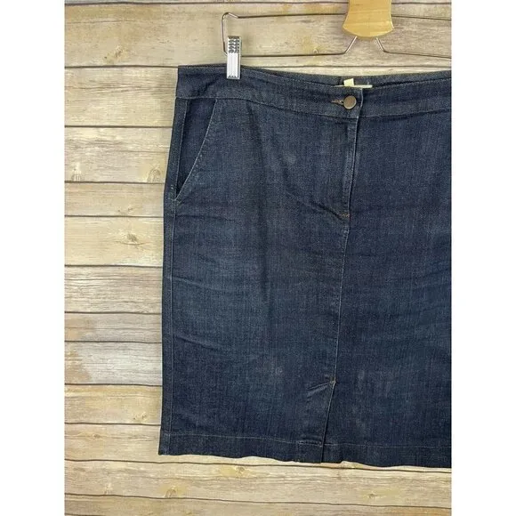 EILEEN FISHER Large Denim Pencil Jean Skirt Stretch Dark Blue Front Slit Organic