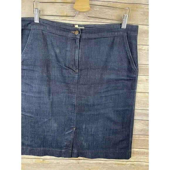 EILEEN FISHER Large Denim Pencil Jean Skirt Stretch Dark Blue Front Slit Organic