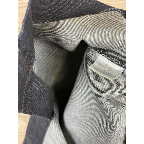 EILEEN FISHER Large Denim Pencil Jean Skirt Stretch Dark Blue Front Slit Organic