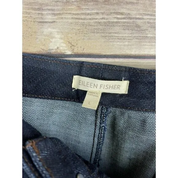 EILEEN FISHER Large Denim Pencil Jean Skirt Stretch Dark Blue Front Slit Organic