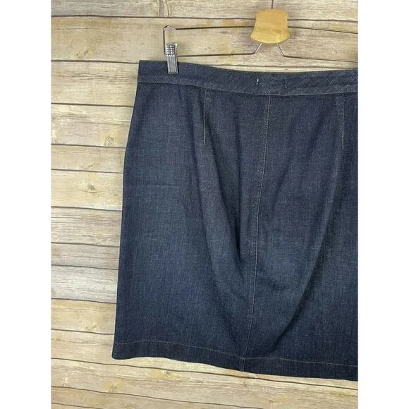 EILEEN FISHER Large Denim Pencil Jean Skirt Stretch Dark Blue Front Slit Organic